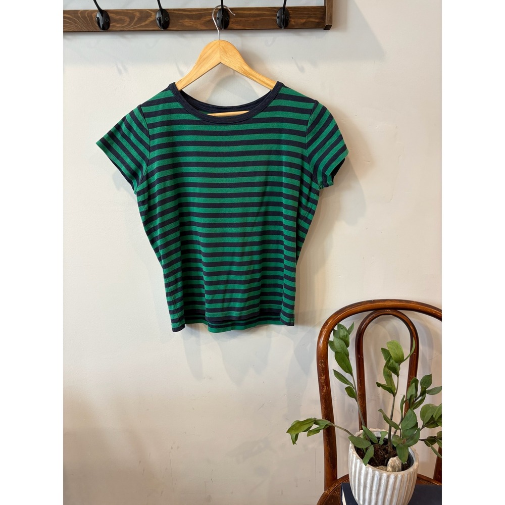 Lands End Women Green Navy Blue Striped Cotton Short Sleeve Tee Medium 10 12